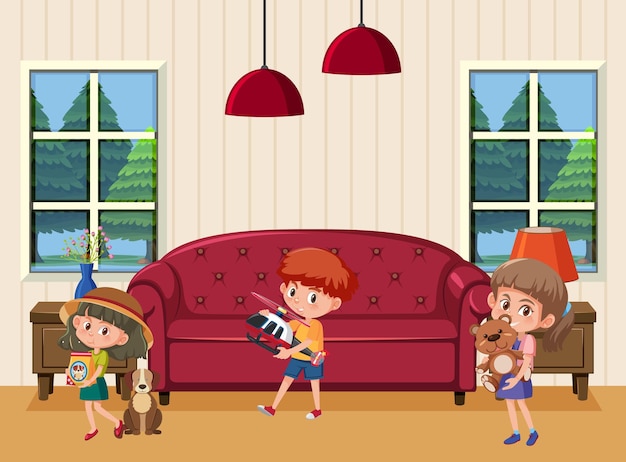 Escena de la sala de estar con el personaje de dibujos animados de los niños.