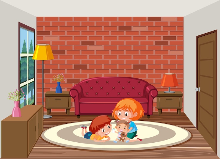 Vector escena de la sala de estar con el personaje de dibujos animados de los niños.