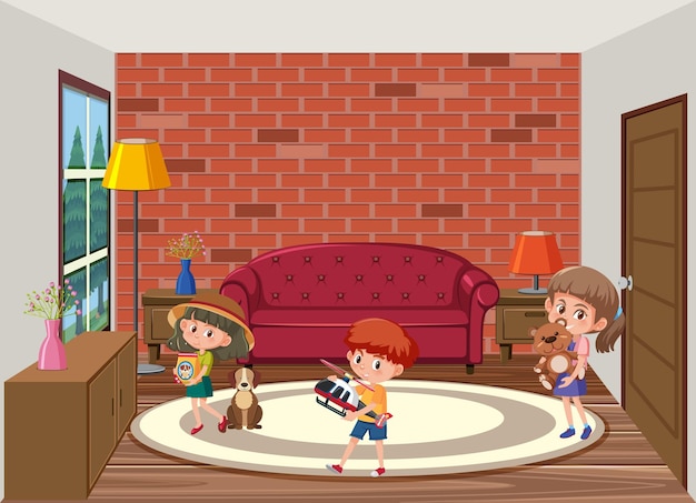 Escena de la sala de estar con el personaje de dibujos animados de los niños.