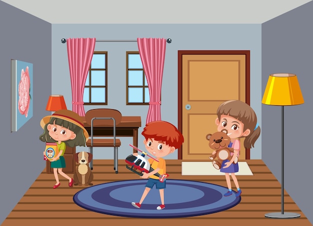 Escena de la sala de estar con el personaje de dibujos animados de los niños.