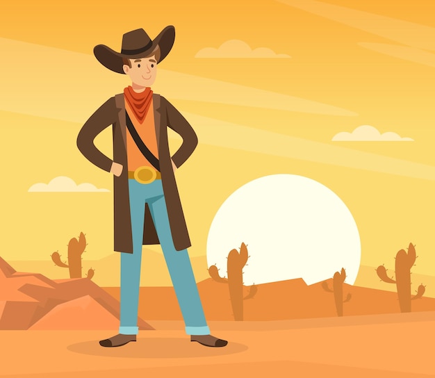Escena del salvaje oeste con un vaquero de pie al atardecer en la ilustración vectorial del paisaje del desierto