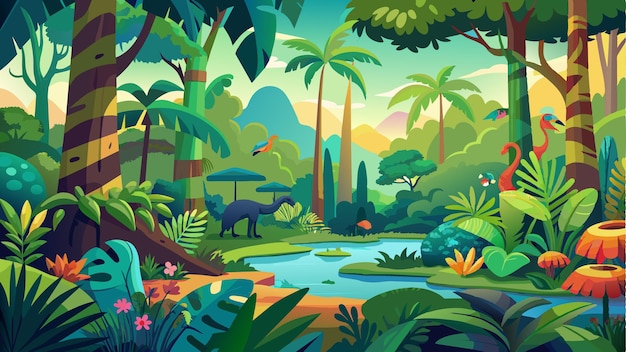 una escena de la selva con un estanque y árboles y animales