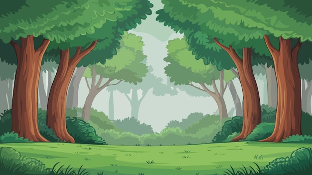 Una escena serena del bosque de dibujos animados con vegetación exuberante y árboles altos
