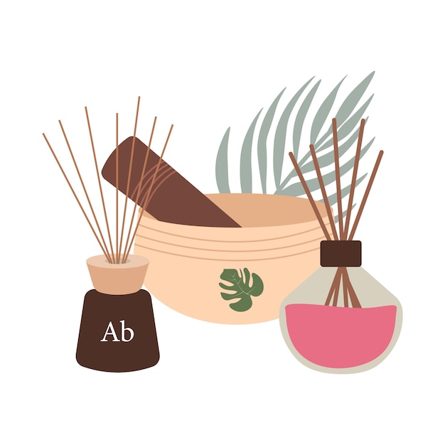 Escena serena con herramientas de meditación aceites aromáticos cuenco de canto difusor aromático plantas tropicales