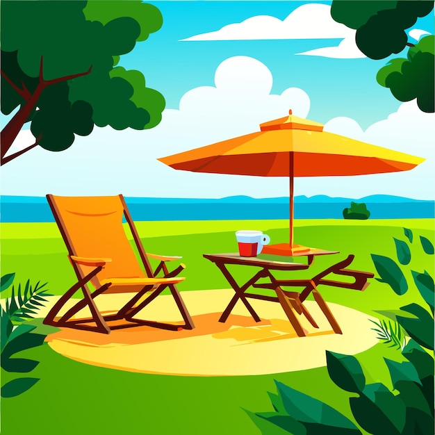 Vector escena de una silla con mesa de café y paraguas cerca del césped verde en una caricatura de parque natural