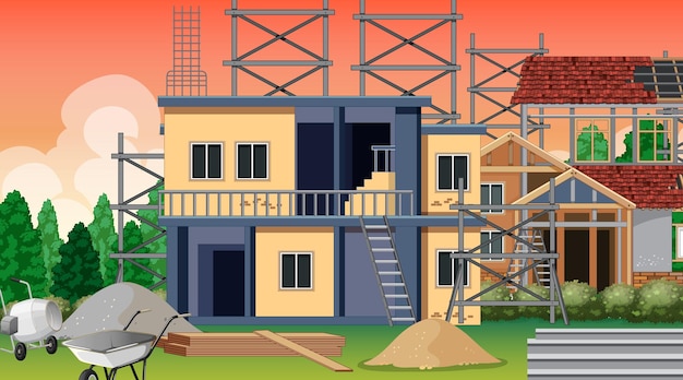 Vector escena del sitio de construcción de edificios