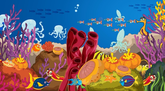 Vector escena submarina con animales marinos y arrecifes de coral tropicales.