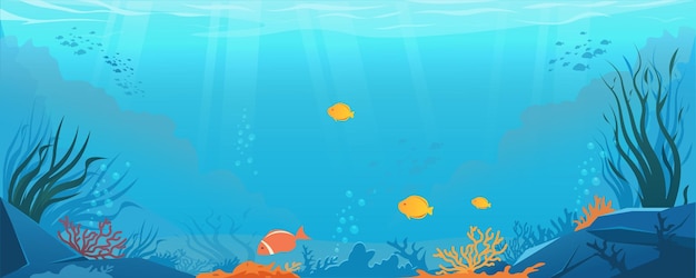 Escena submarina con coloridas ilustraciones vectoriales de peces y arrecifes de coral