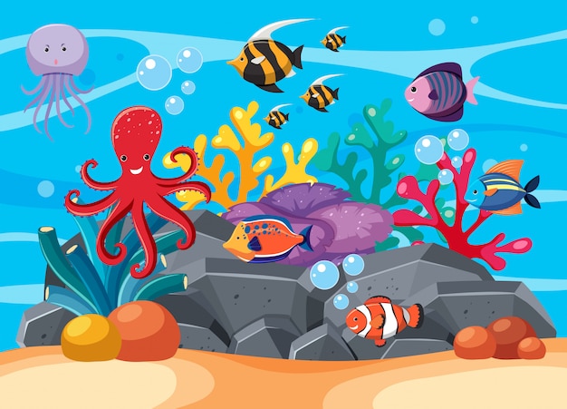 Escena submarina con muchos animales marinos.