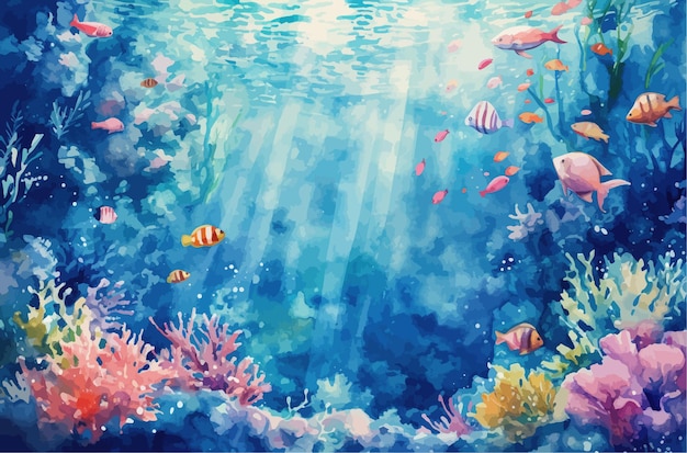 Escena submarina con peces de arrecife de coral y algas marinas ilustración acuarela vectorial