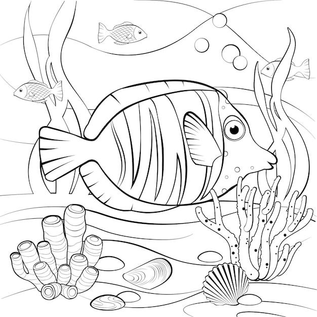 Vector escena submarina con peces tropicales y coral.