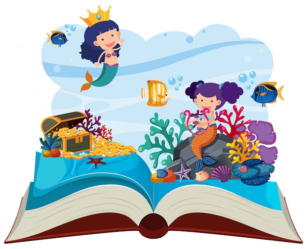 Vector escena submarina con sirenas pop-up libro