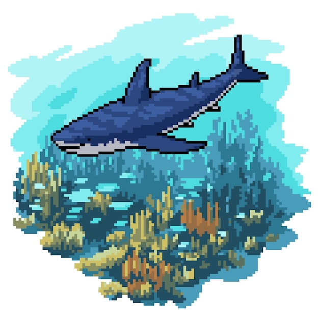 Vector la escena submarina del tiburón de pixel art