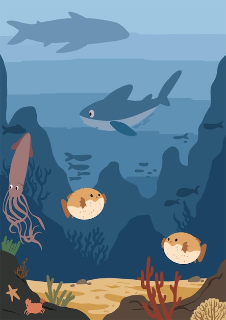 Escena submarina con tiburones, peces globos y calamares