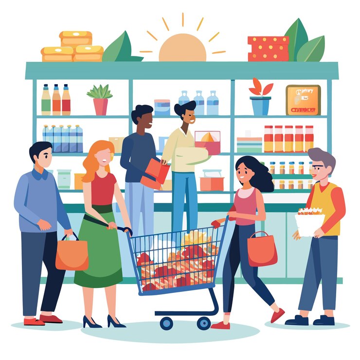 Vector la escena del supermercado ocupado la gente haciendo compras en un mercado moderno