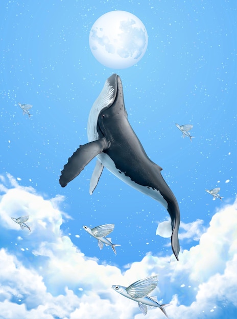 Vector escena surrealista de ballena jorobada rompiendo las nubes y alcanzando la luna plateada, ilustración 3d