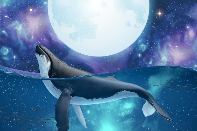 Escena surrealista de espías de ballenas jorobadas saltando para ver la superluna plateada en el misterioso cosmos