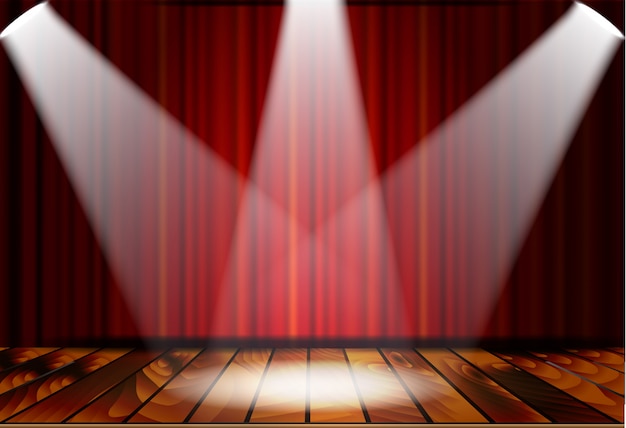 Escena teatral con cortinas rojas.