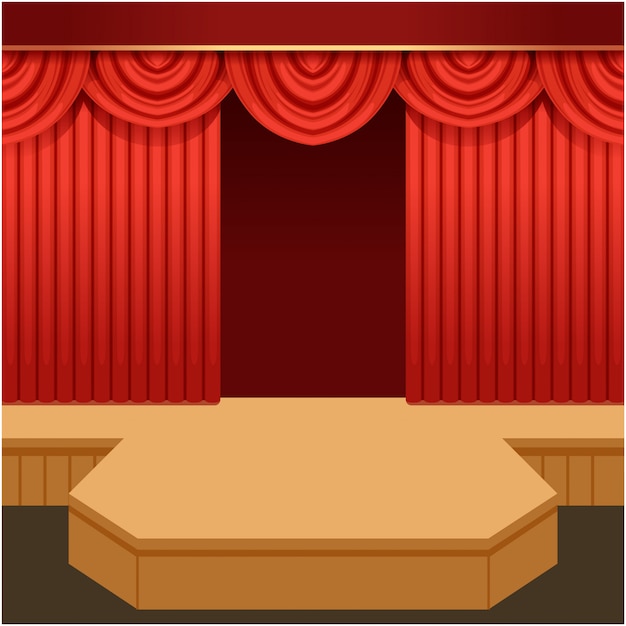 Escena de teatro abierto con telón rojo y podio de moda. Escenario de madera con cortinas de terciopelo escarlata y pelmets. Ilustración de dibujos animados