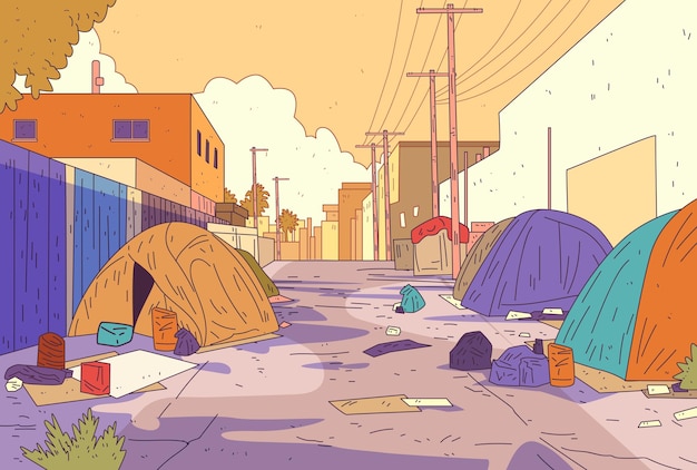 Escena de sin techo urbano tiendas de campaña calle callejón edificios coloridos líneas eléctricas esparcidas escombros cálidos
