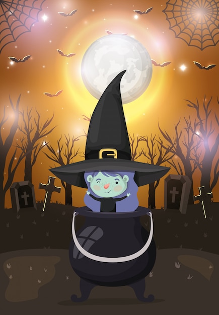 Vector escena de la temporada de halloween con bruja disfraz de niña