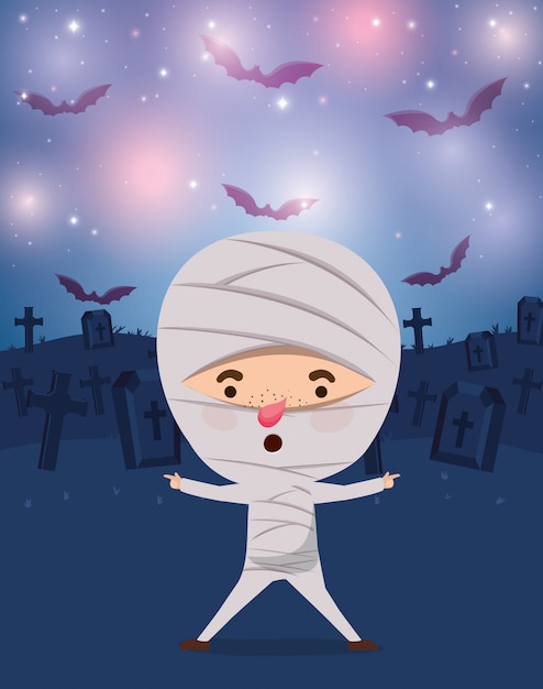 Vector escena de la temporada de halloween con disfraz de niño momia