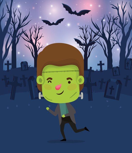 Vector escena de la temporada de halloween con traje de niño frankenstein