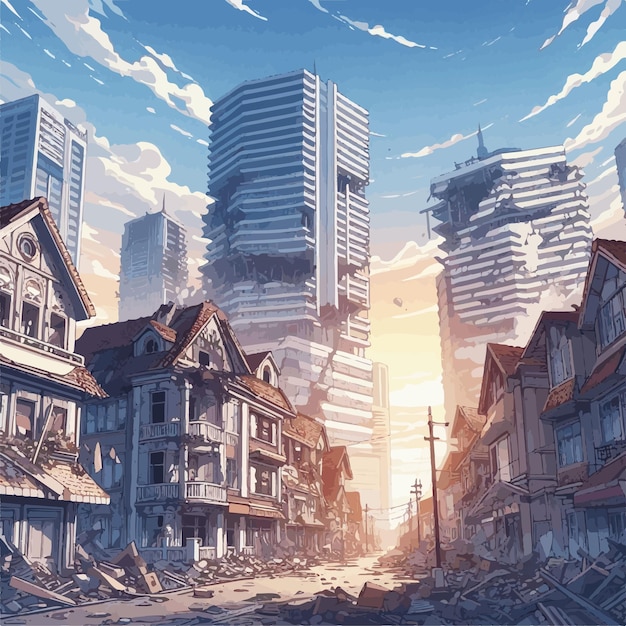 Escena de terremoto con ciudad y edificios en ruinas vector de ilustración de anime