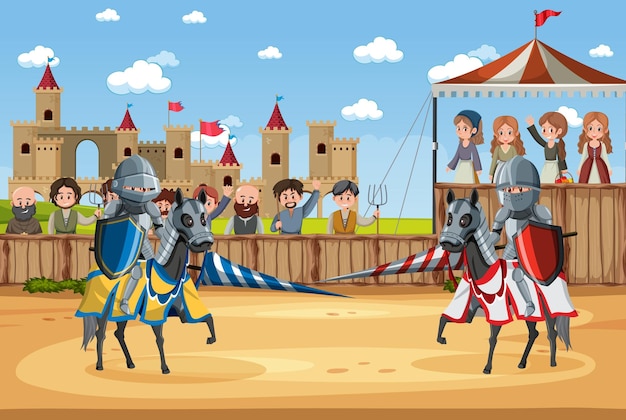 Vector escena del torneo de justas de caballeros medievales