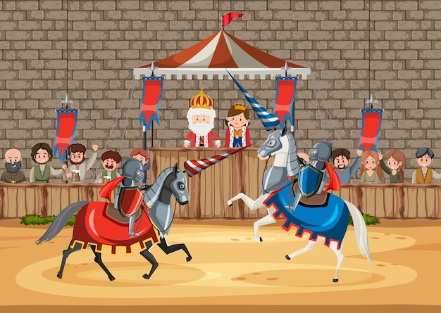 Escena del torneo de justas de caballeros medievales