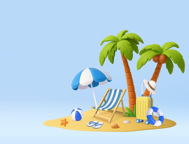 Vector escena de vacaciones tropicales en 3d con paraguas y equipaje azules