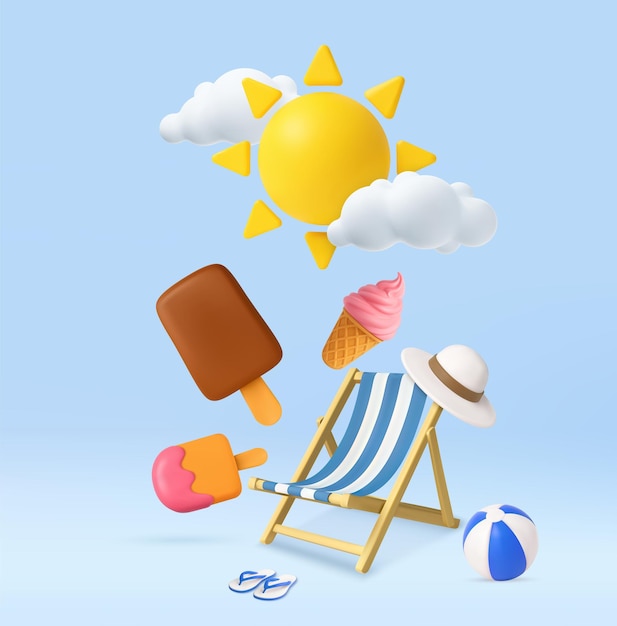 Escena de vacaciones de verano en 3D con helado y sol