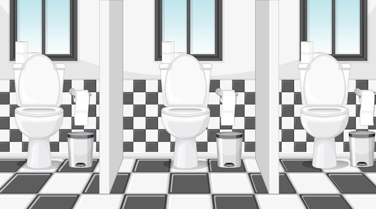 Vector escena vacía con baño público con cubículos.
