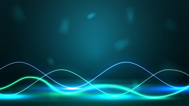 Escena vacía verde con líneas de ondas de neón.