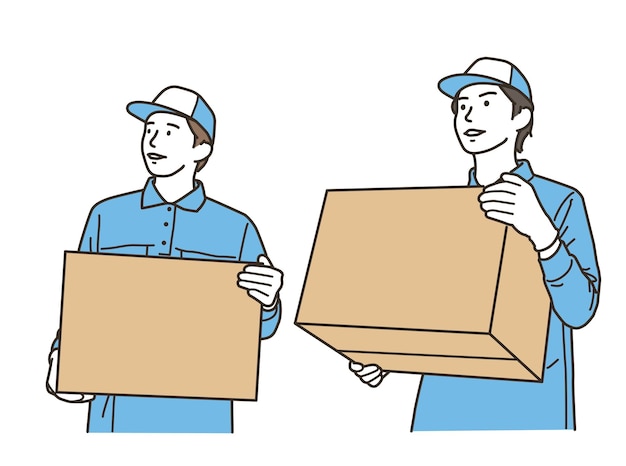Escena de varios trabajadores masculinos llevando cajas de cartón