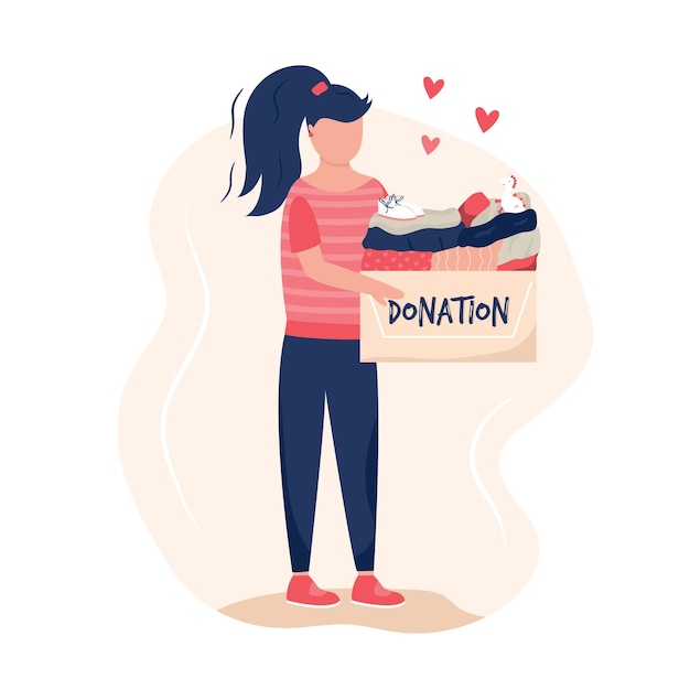 Escena vectorial con una niña entregando productos en una caja de cartón para caridad Diseño plano