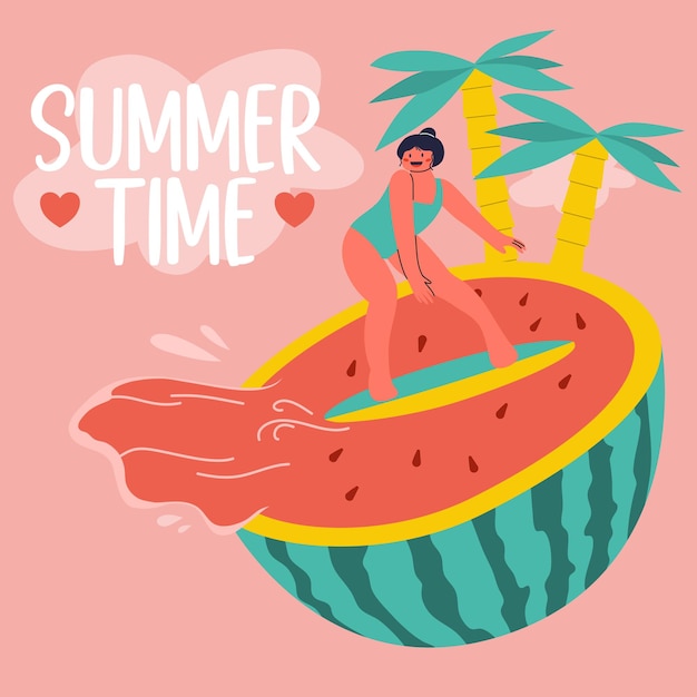 Escena de verano una chica surfeando en una enorme sandía Ilustración vectorial