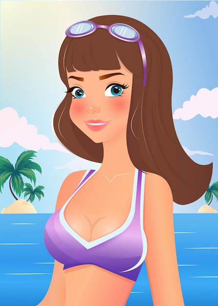 Vector escena de verano de dibujos animados chica en traje de baño playa vacaciones de verano viaje viaje