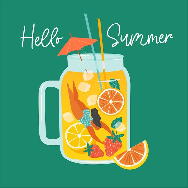 Vector escena de verano mujer buceando diversión contra el enorme vaso de jugo batido de frutas