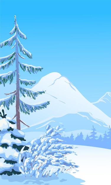 Escena vertical con nieve que cae árboles cubiertos de nieve abetos contra el telón de fondo de bosques y montañas ilustración vectorial escena navideña