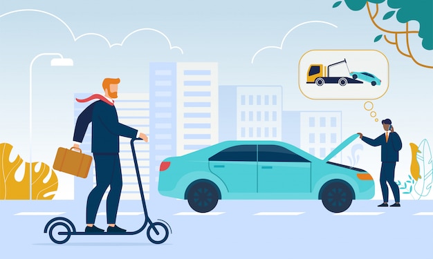 Escena de la vida de la ciudad. Hombre de negocios que monta la vespa ecológica