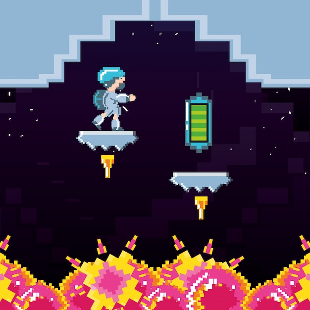 Escena de videojuego clásico con guerrero y llama