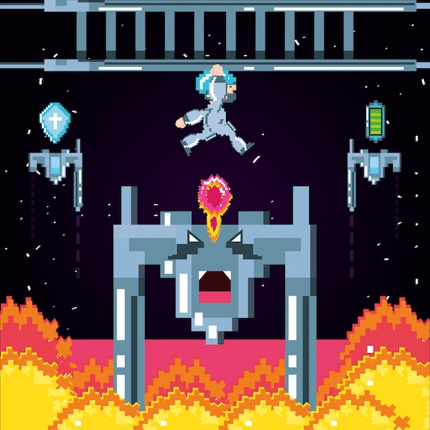 Escena de videojuego clásico con guerrero y llama