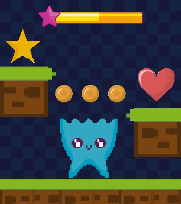 Vector escena de videojuego clásico con personaje alienígena