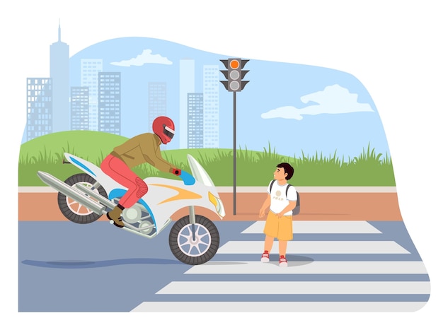 Vector escena de violación de tránsito con un niño pequeño y un motociclista