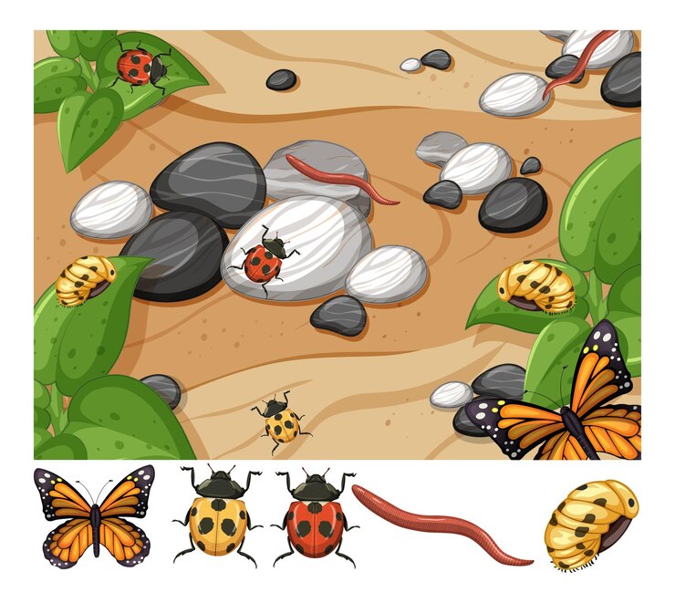 Vector escena de la vista superior de muchos insectos con diferentes insectos aislados.