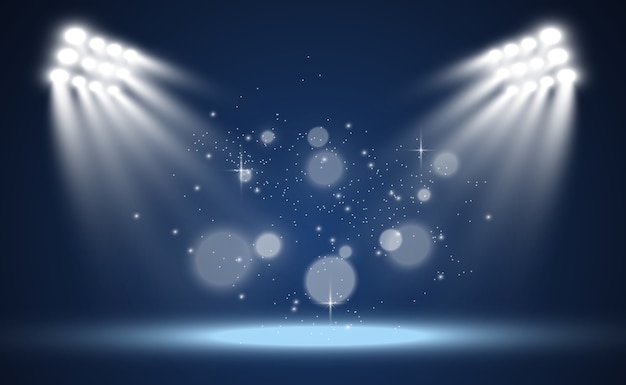 Escenario blanco con focos Ilustración de una luz con destellos sobre un fondo transparente