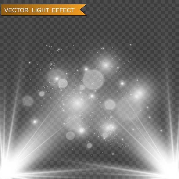 Escenario blanco con focos. Ilustración vectorial de una luz con destellos sobre un fondo transparente.