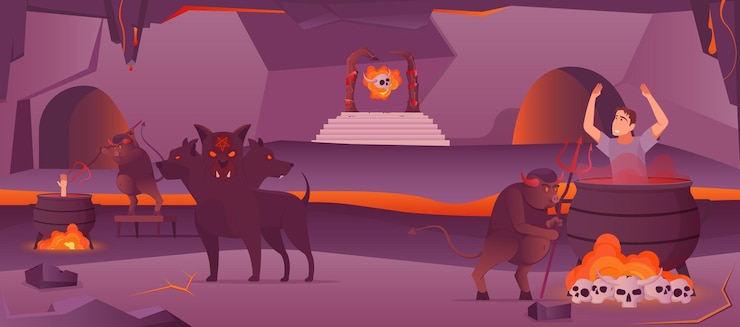 Vector escenario de la cueva del infierno con perros del infierno y demonios con horcas hirviendo a los pecadores en la ilustración vectorial plana del caldero