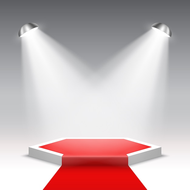 Escenario para entrega de premios con focos. Podio blanco con alfombra roja. Pedestal. Escena hexagonal .